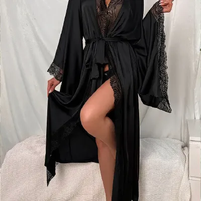 WOMEN'S LACE LIGHT LUXURY LONG-SLEEVED COOL NIGHTGOWN 